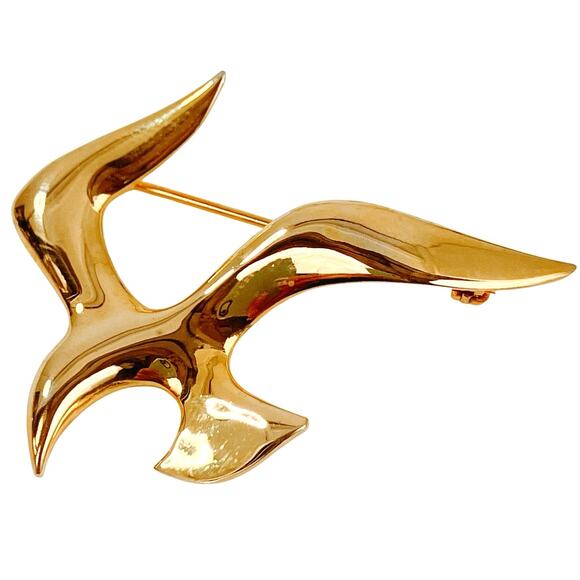 VTG Mid Century Seagull Brooch Modernist Coastal 60s Seaside Gold Tone Bird Pin - Picture 1 of 11